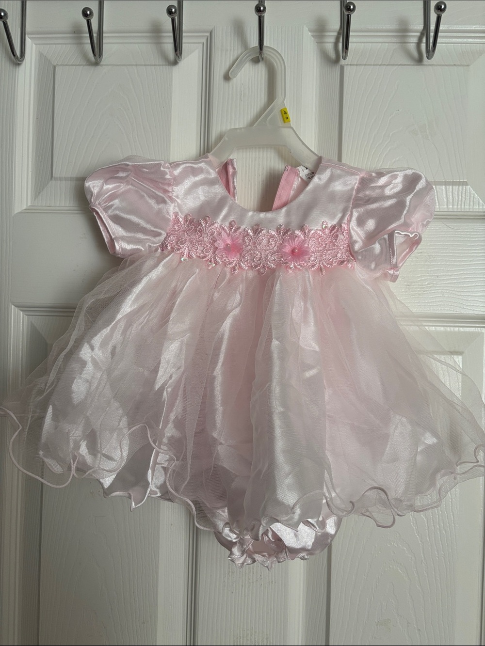 Pink Satin & Tulle Baby Dress with Floral Waist